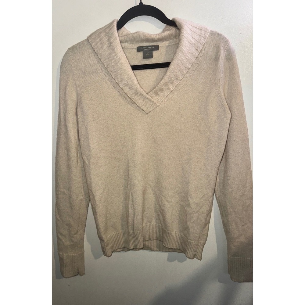 Ann Taylor Cashmere Sweater Womens PM Beige Shawl Collar Knit Pullover